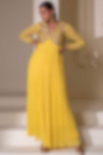 Yellow Georgette Dori Hand Embellished Party Wear Anarkali by Rasasvada at Pernia's Pop Up Shop