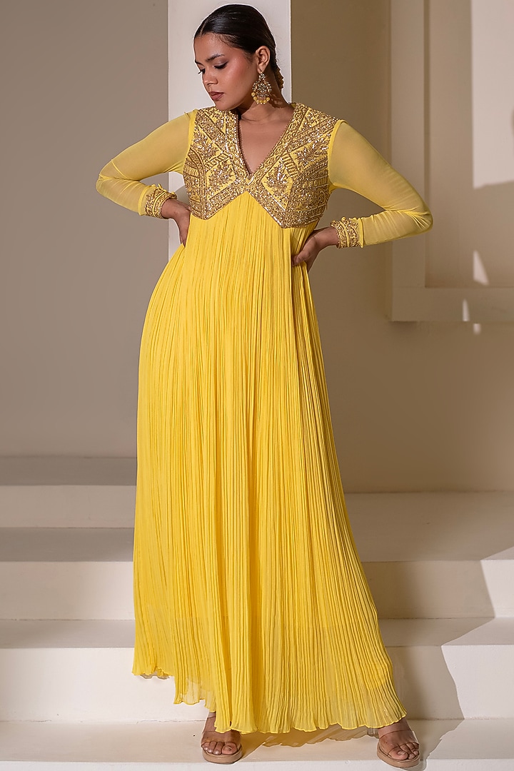 Yellow Georgette Dori Hand Embellished Party Wear Anarkali by Rasasvada at Pernia's Pop Up Shop