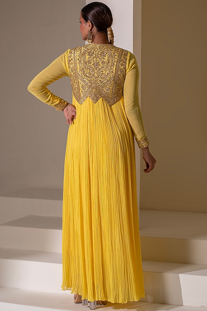 Yellow Georgette Dori Hand Embellished Party Wear Anarkali by Rasasvada at Pernia's Pop Up Shop