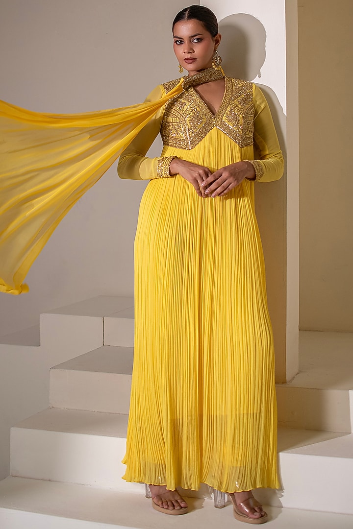 Yellow Georgette Dori Hand Embellished Party Wear Anarkali by Rasasvada at Pernia's Pop Up Shop