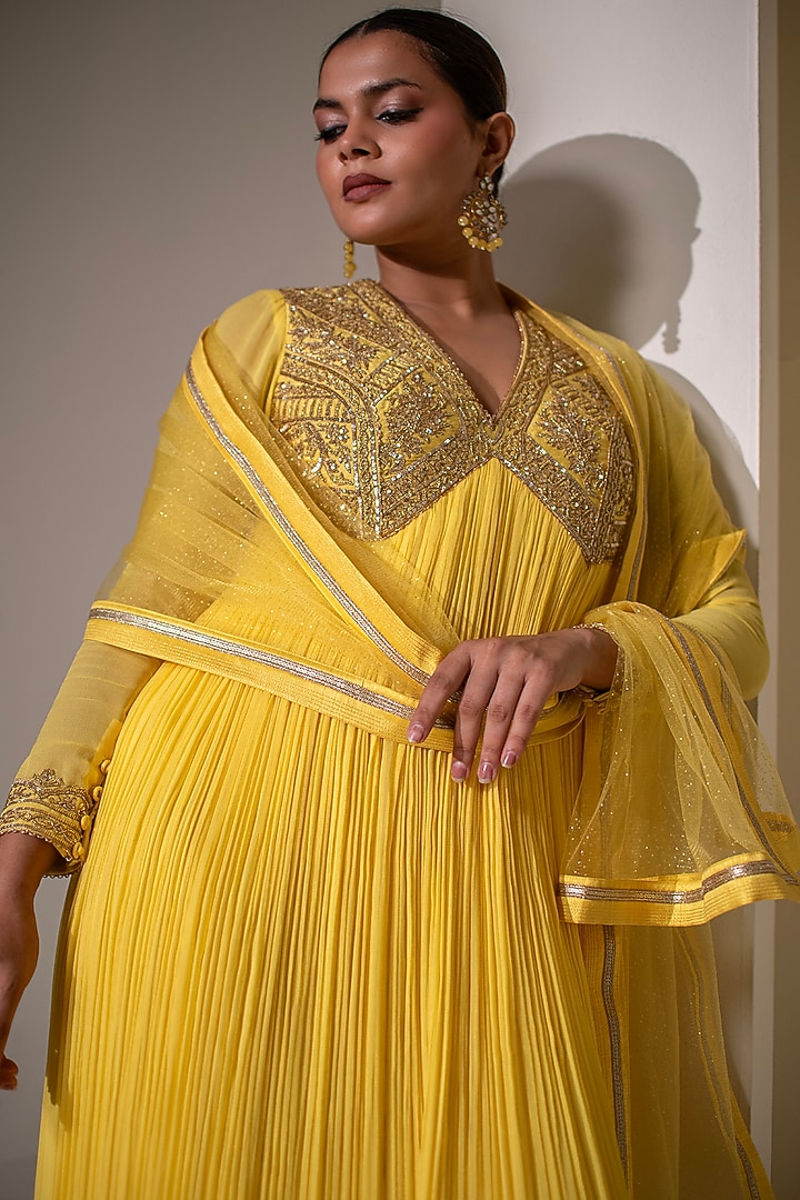 Yellow Georgette Dori Hand Embellished Party Wear Anarkali by Rasasvada at Pernia's Pop Up Shop