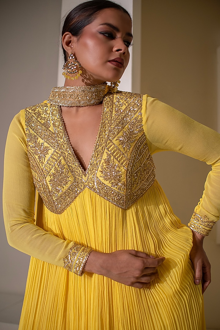 Yellow Georgette Dori Hand Embellished Party Wear Anarkali by Rasasvada at Pernia's Pop Up Shop