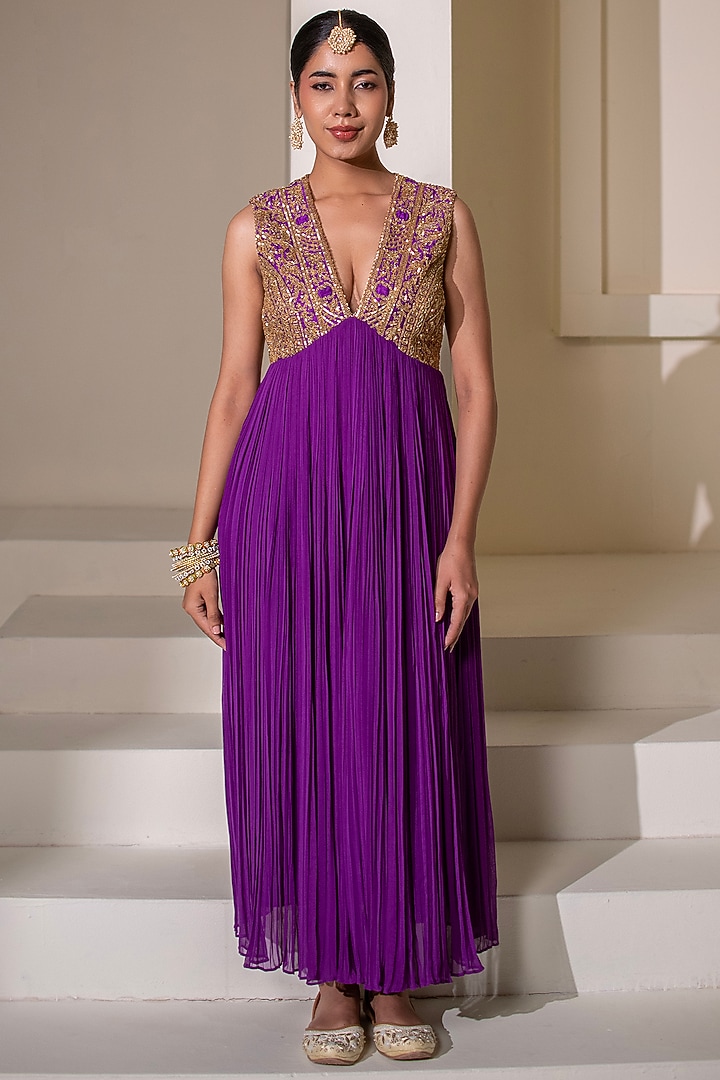 Purple Georgette Dori Hand Embellished Party Wear Anarkali by Rasasvada at Pernia's Pop Up Shop