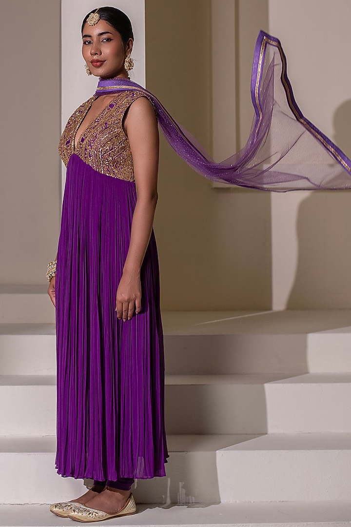 Purple Georgette Dori Hand Embellished Party Wear Anarkali by Rasasvada at Pernia's Pop Up Shop