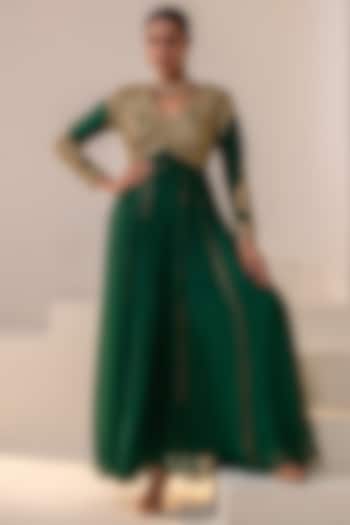 Bottle Green Georgette Dori Hand Embellished Party Wear Anarkali by Rasasvada at Pernia's Pop Up Shop