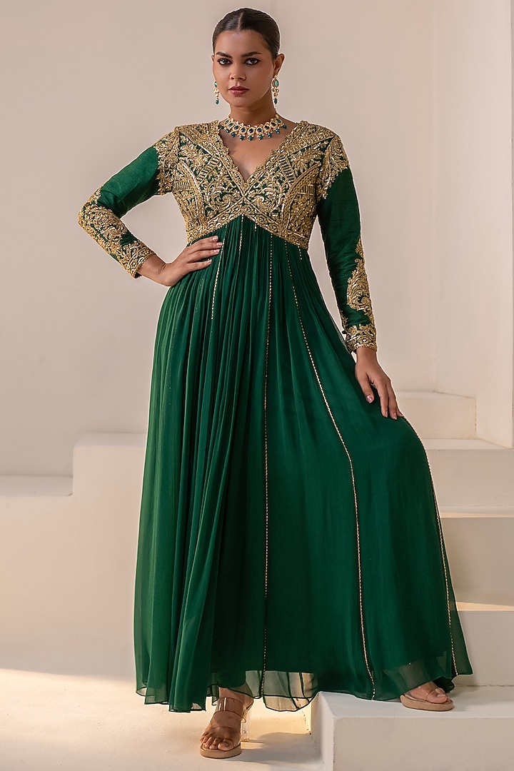 Bottle Green Georgette Dori Hand Embellished Party Wear Anarkali by Rasasvada at Pernia's Pop Up Shop