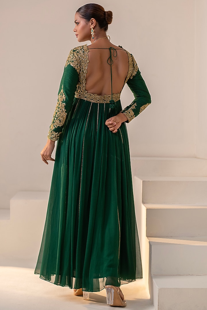 Bottle Green Georgette Dori Hand Embellished Party Wear Anarkali by Rasasvada at Pernia's Pop Up Shop