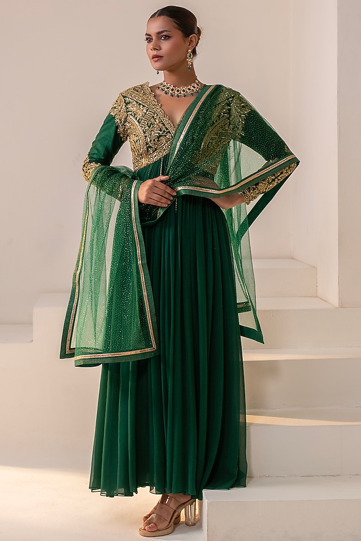 Bottle Green Georgette Dori Hand Embellished Party Wear Anarkali by Rasasvada at Pernia's Pop Up Shop