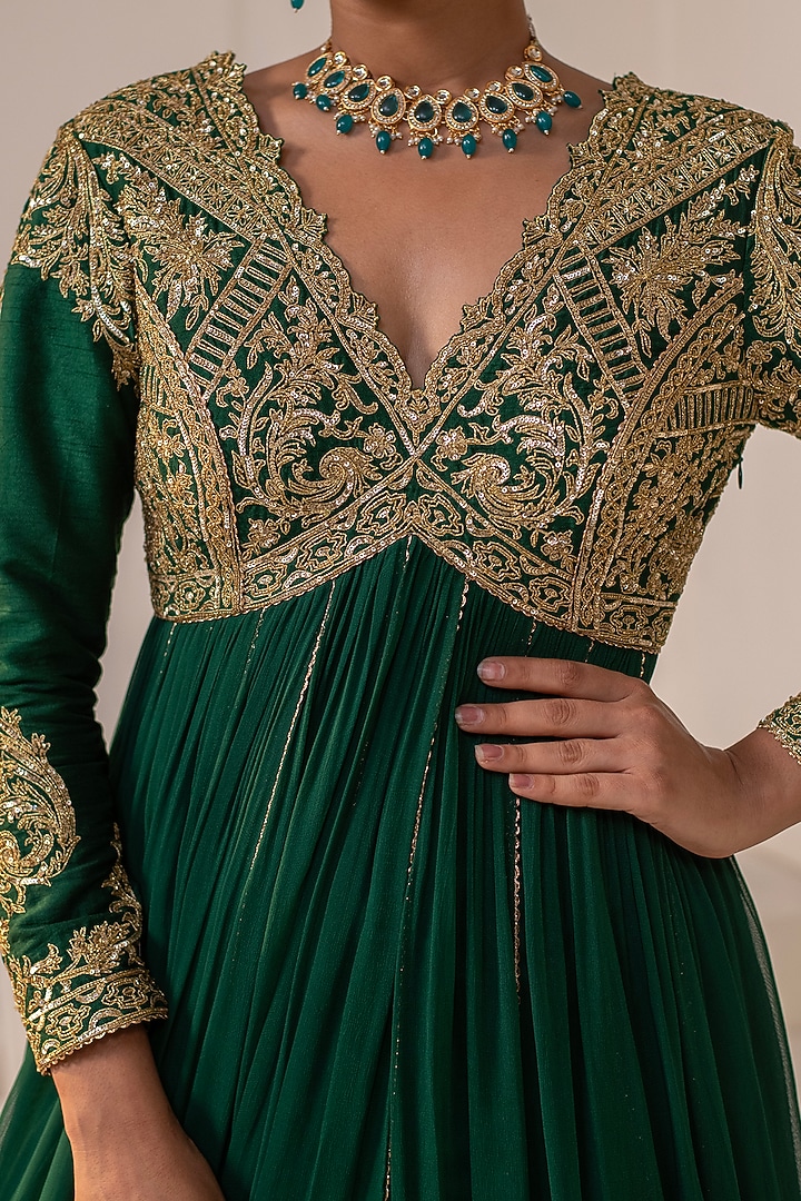 Bottle Green Georgette Dori Hand Embellished Party Wear Anarkali by Rasasvada at Pernia's Pop Up Shop