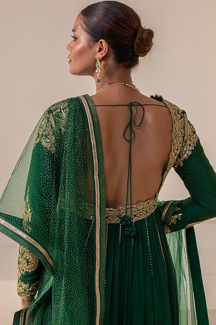 Bottle Green Georgette Dori Hand Embellished Party Wear Anarkali by Rasasvada at Pernia's Pop Up Shop