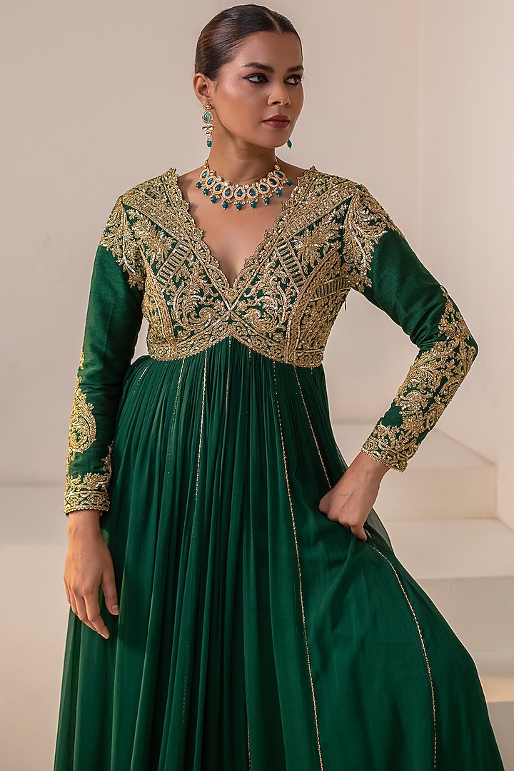 Bottle Green Georgette Dori Hand Embellished Party Wear Anarkali by Rasasvada at Pernia's Pop Up Shop