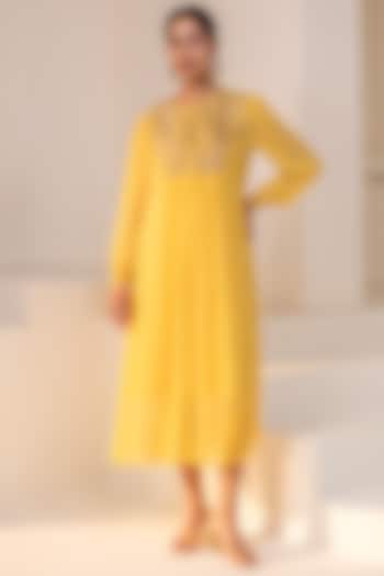 Sunshine Yellow Georgette Dori Hand Embellished Midi Summer Dress by Rasasvada at Pernia's Pop Up Shop