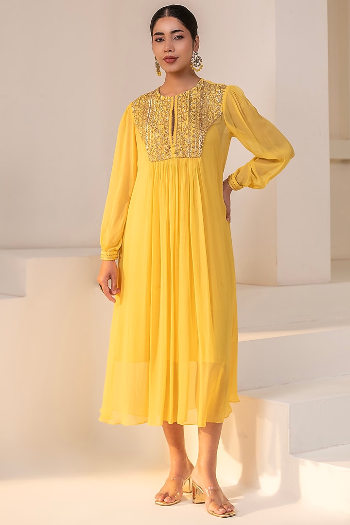 Sunshine Yellow Georgette Dori Hand Embellished Midi Summer Dress by Rasasvada at Pernia's Pop Up Shop
