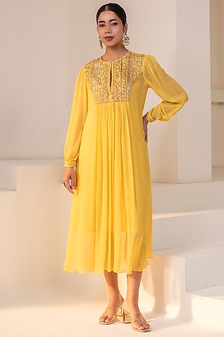 Sunshine Yellow Georgette Dori Hand Embellished Midi Dress by Rasasvada