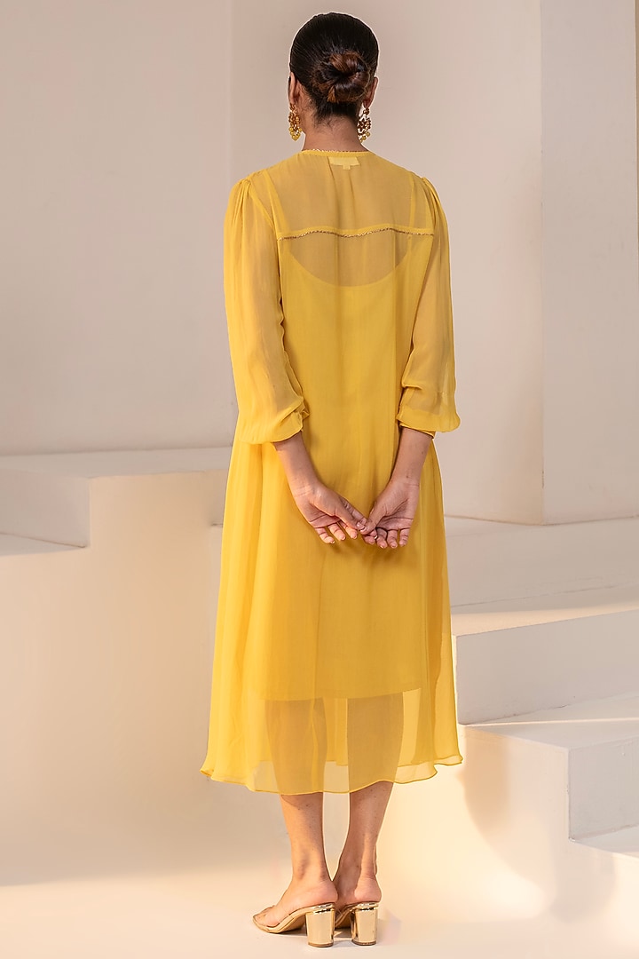 Sunshine Yellow Georgette Dori Hand Embellished Midi Summer Dress by Rasasvada at Pernia's Pop Up Shop