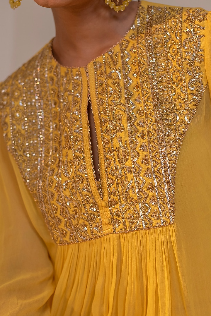 Sunshine Yellow Georgette Dori Hand Embellished Midi Summer Dress by Rasasvada at Pernia's Pop Up Shop