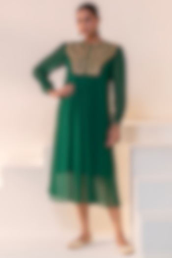 Emerald Green Georgette Dori Hand Embellished Midi Summer Dress by Rasasvada at Pernia's Pop Up Shop