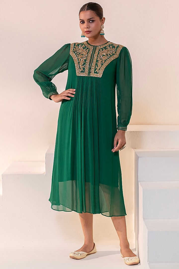 Emerald Green Georgette Dori Hand Embellished Midi Summer Dress by Rasasvada at Pernia's Pop Up Shop