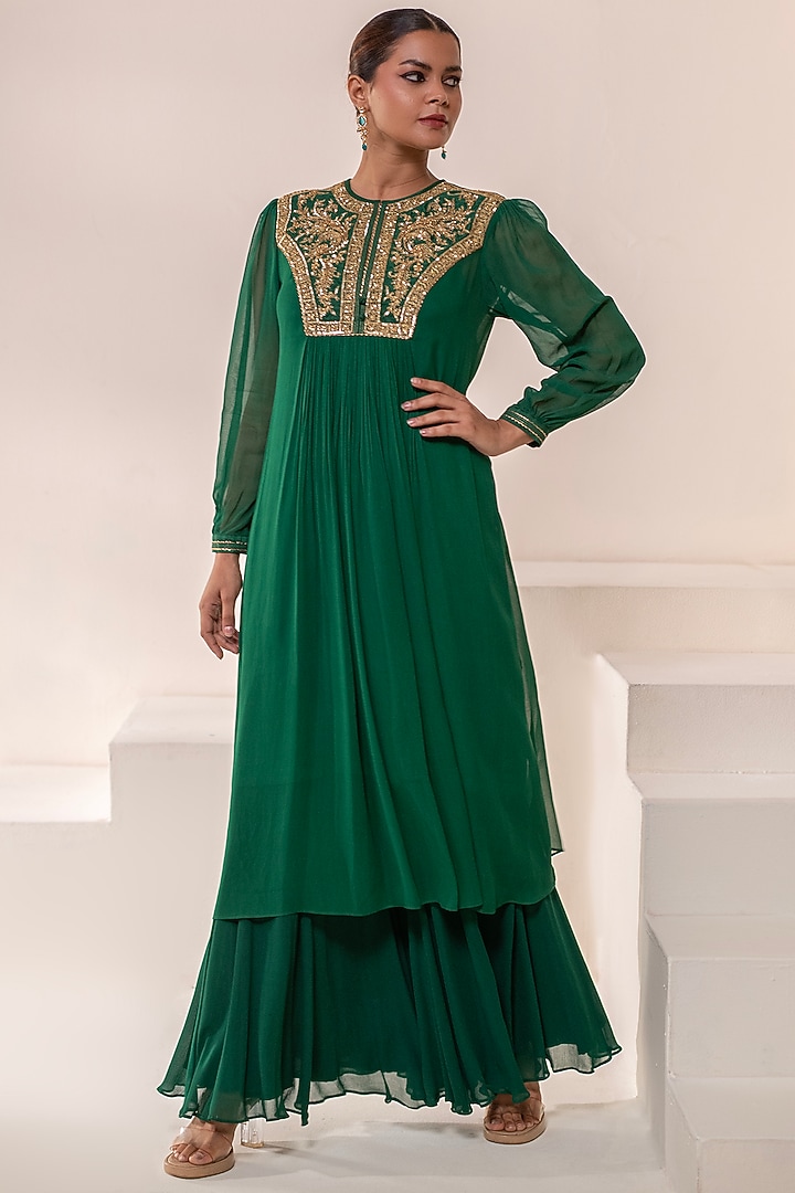 Emerald Green Georgette Dori Hand Embellished Midi Summer Dress by Rasasvada at Pernia's Pop Up Shop