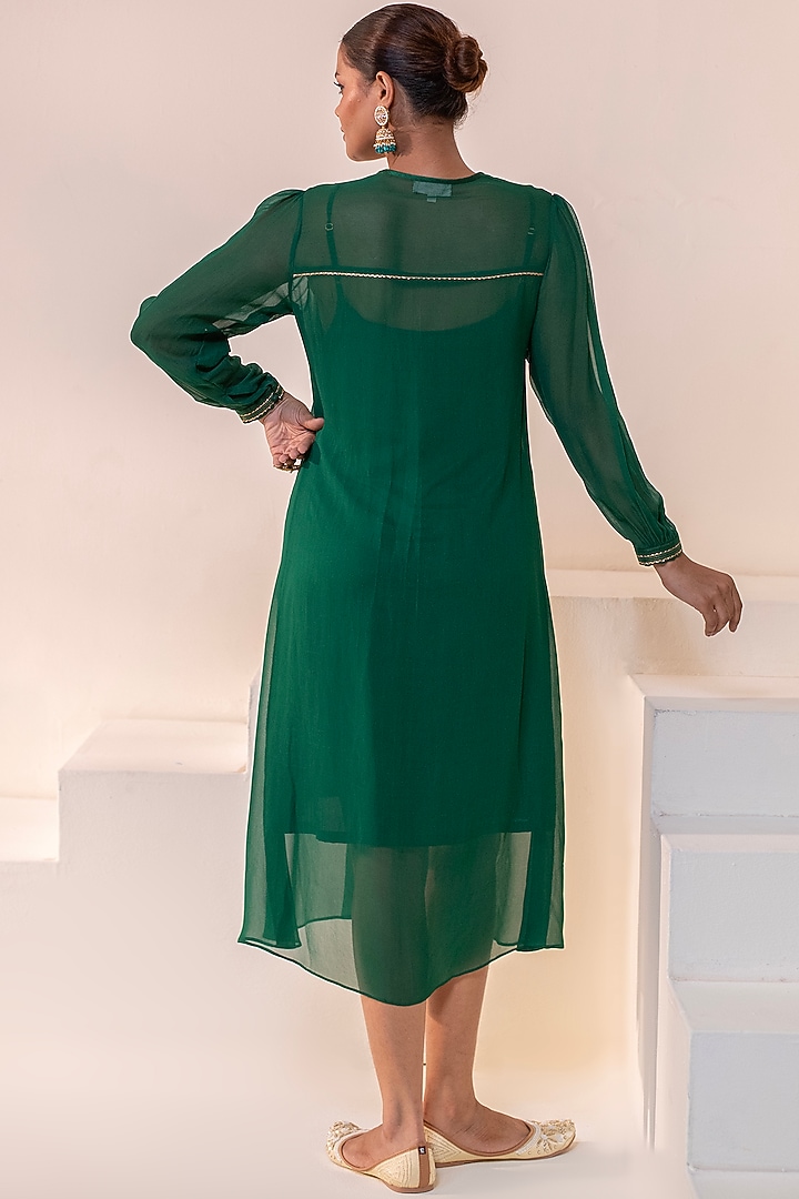 Emerald Green Georgette Dori Hand Embellished Midi Summer Dress by Rasasvada at Pernia's Pop Up Shop