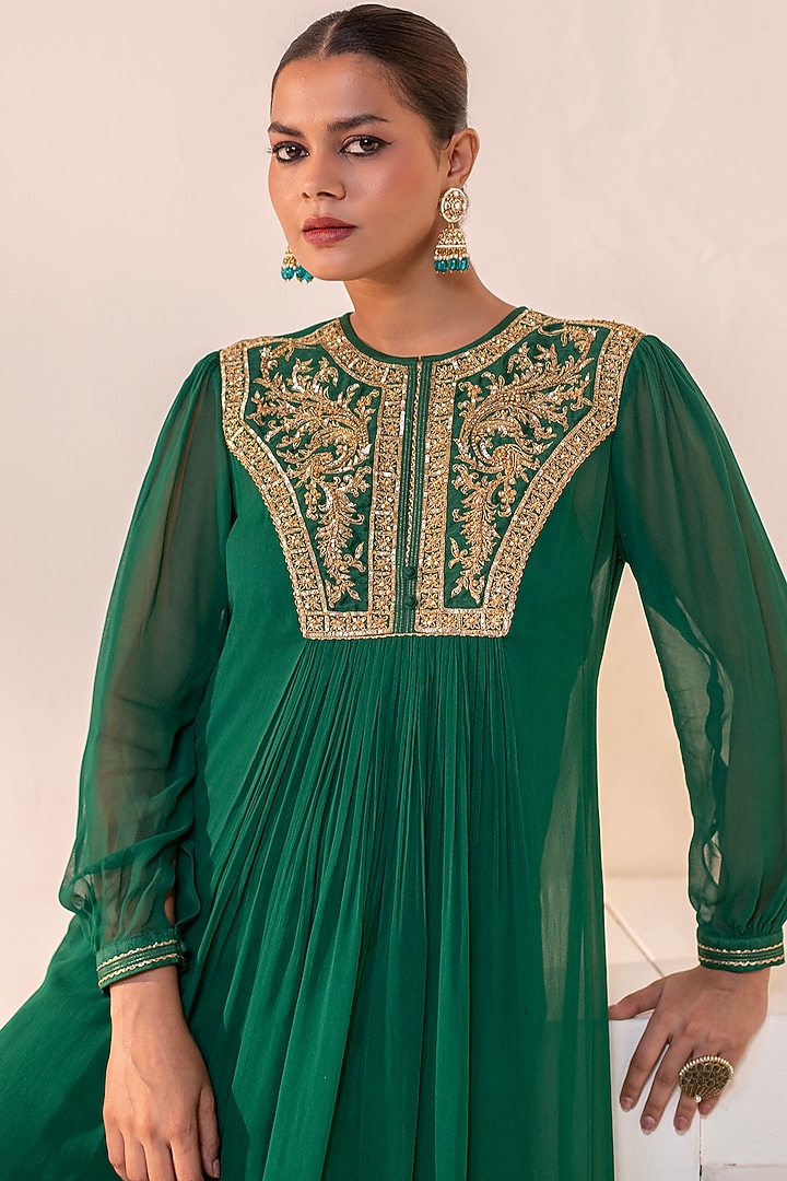 Emerald Green Georgette Dori Hand Embellished Midi Summer Dress by Rasasvada at Pernia's Pop Up Shop