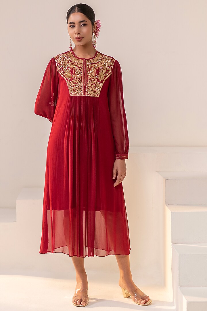 Maroon Georgette Dori Hand Embellished Midi Summer Dress by Rasasvada at Pernia's Pop Up Shop