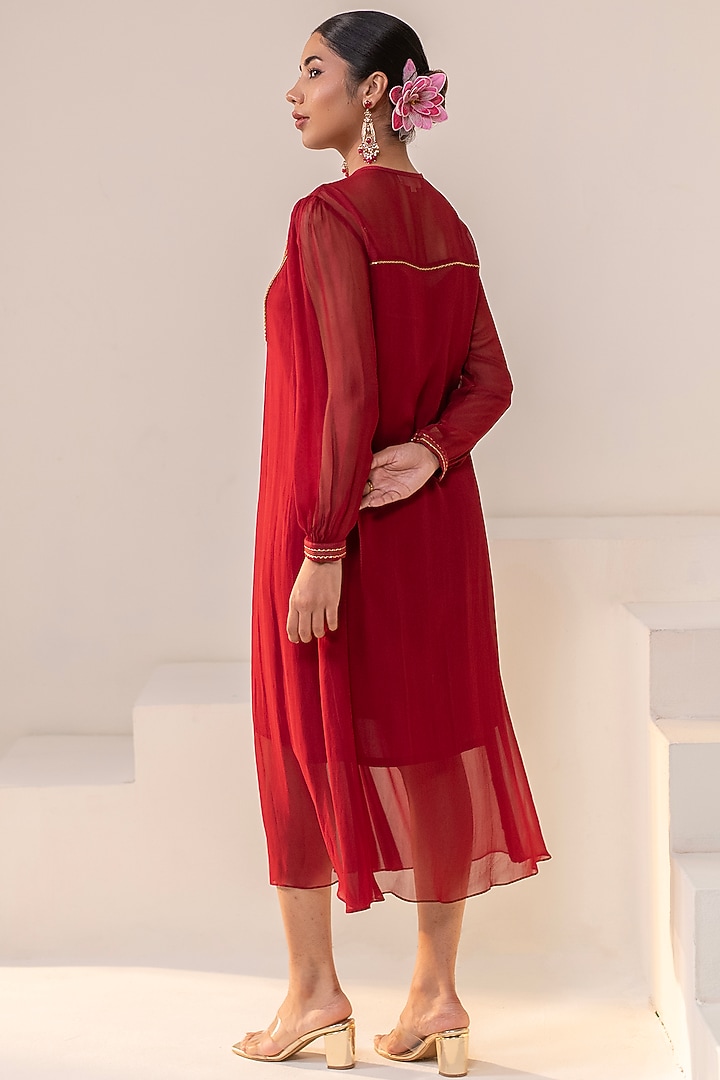 Maroon Georgette Dori Hand Embellished Midi Summer Dress by Rasasvada at Pernia's Pop Up Shop