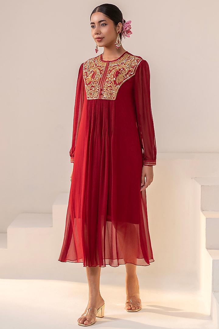 Maroon Georgette Dori Hand Embellished Midi Summer Dress by Rasasvada at Pernia's Pop Up Shop