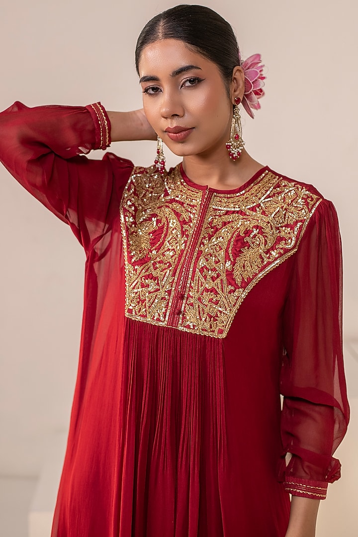 Maroon Georgette Dori Hand Embellished Midi Summer Dress by Rasasvada at Pernia's Pop Up Shop