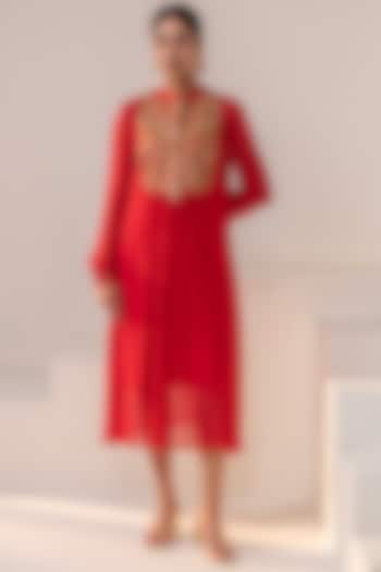 Red Georgette Dori Hand Embellished Midi Summer Dress by Rasasvada at Pernia's Pop Up Shop