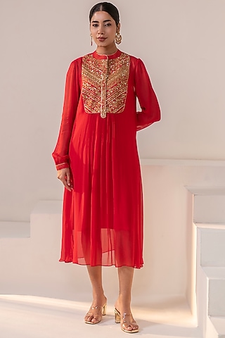 Red Georgette Dori Hand Embellished Midi Dress by Rasasvada