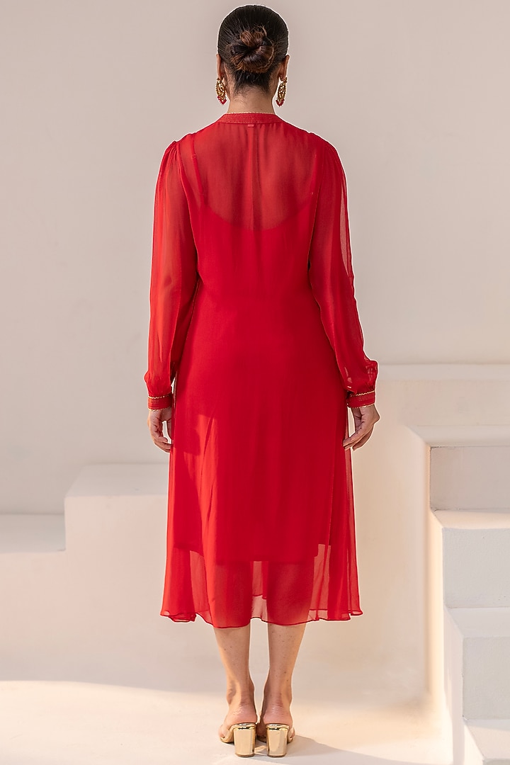 Red Georgette Dori Hand Embellished Midi Summer Dress by Rasasvada at Pernia's Pop Up Shop