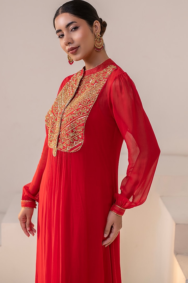 Red Georgette Dori Hand Embellished Midi Summer Dress by Rasasvada at Pernia's Pop Up Shop