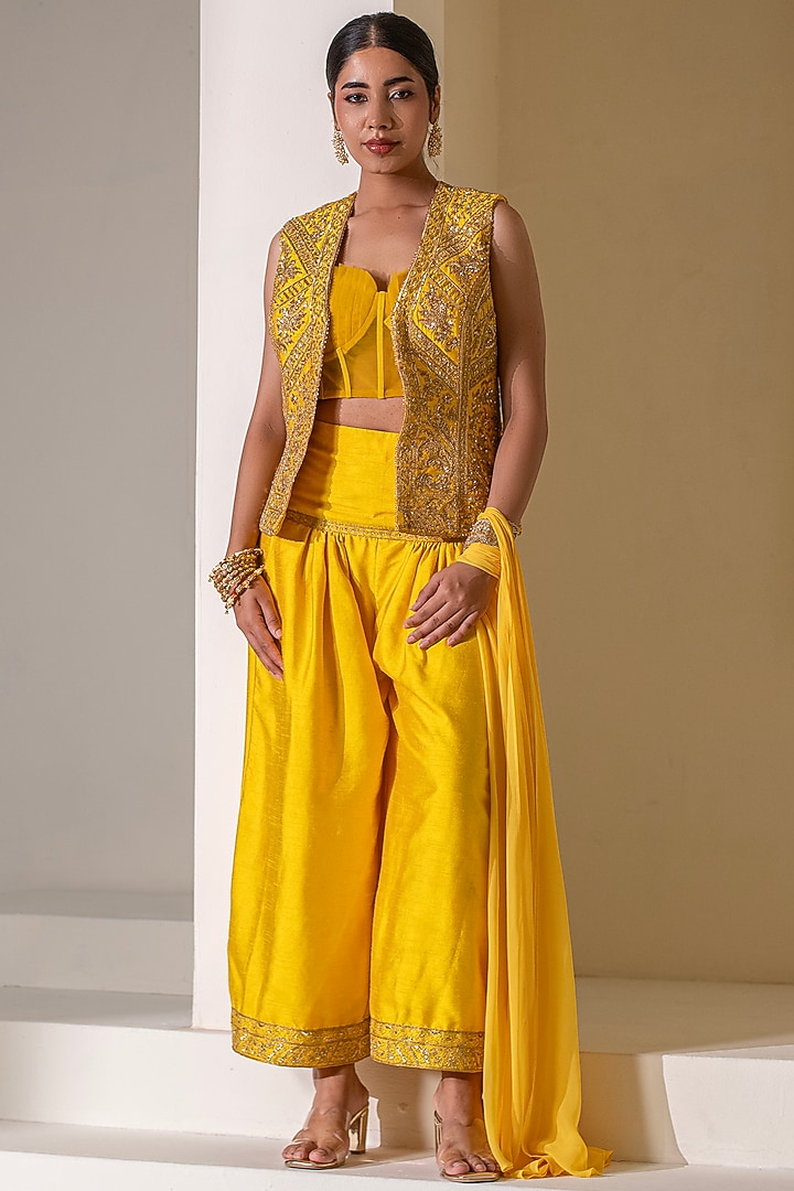 Yellow Dupion Silk Korean Pant Set by Rasasvada at Pernia's Pop Up Shop