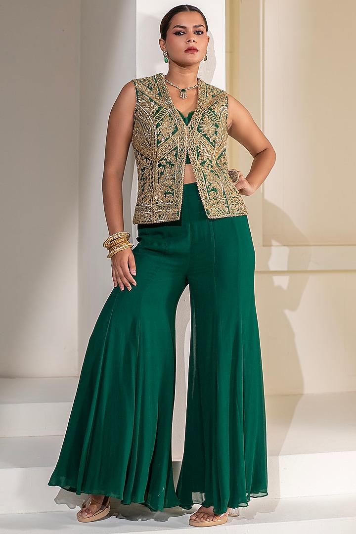 Emerald Green Dupion Silk Wedding Sharara Set by Rasasvada at Pernia's Pop Up Shop