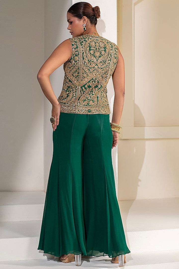 Emerald Green Dupion Silk Wedding Sharara Set by Rasasvada at Pernia's Pop Up Shop