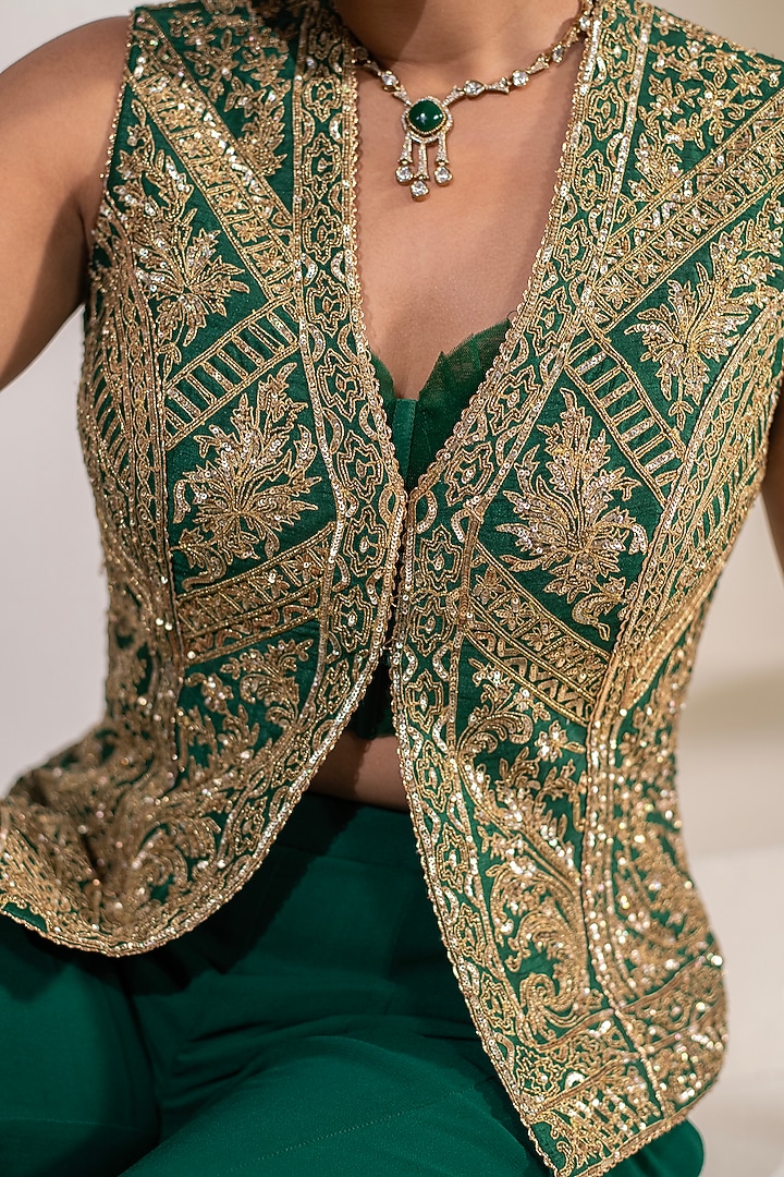 Emerald Green Dupion Silk Wedding Sharara Set by Rasasvada at Pernia's Pop Up Shop