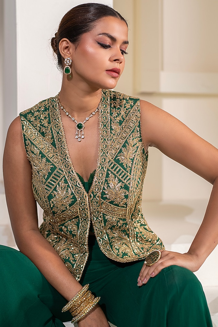 Emerald Green Dupion Silk Wedding Sharara Set by Rasasvada at Pernia's Pop Up Shop