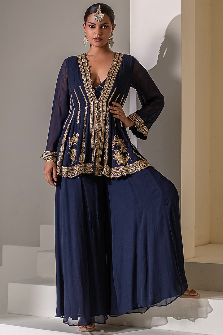Dark Blue Georgette Wedding Sharara Set by Rasasvada at Pernia's Pop Up Shop