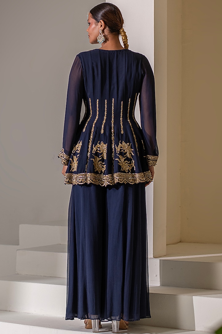 Dark Blue Georgette Wedding Sharara Set by Rasasvada at Pernia's Pop Up Shop