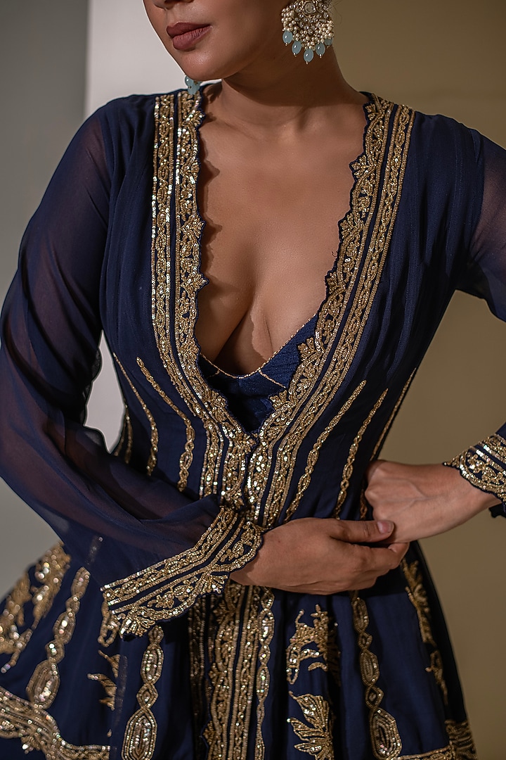 Dark Blue Georgette Wedding Sharara Set by Rasasvada at Pernia's Pop Up Shop