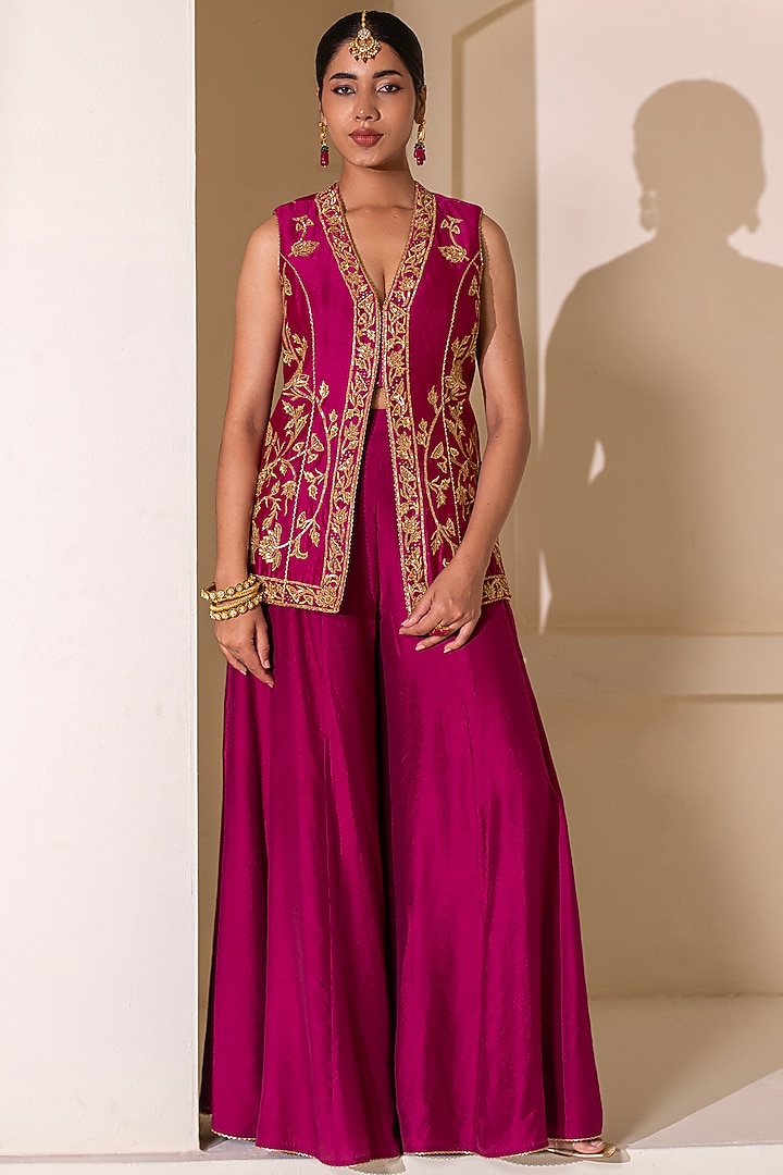 Magenta Pure Chanderi Flared Wedding Sharara Set by Rasasvada at Pernia's Pop Up Shop