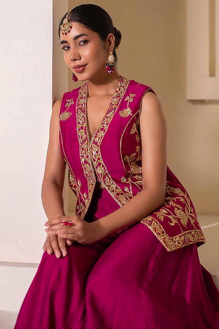 Magenta Pure Chanderi Flared Wedding Sharara Set by Rasasvada at Pernia's Pop Up Shop
