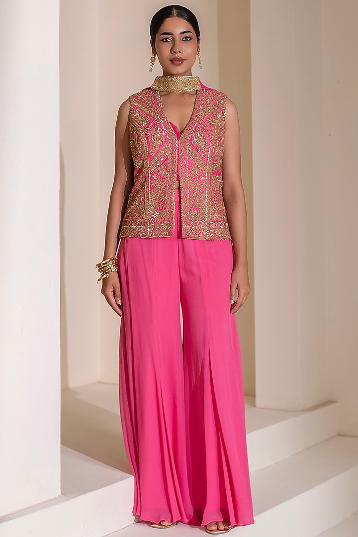 Pink Dupion Silk Flared Wedding Sharara Set by Rasasvada at Pernia's Pop Up Shop