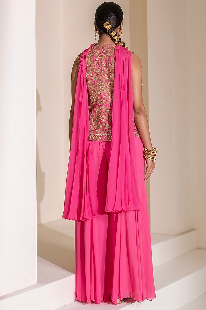 Pink Dupion Silk Flared Wedding Sharara Set by Rasasvada at Pernia's Pop Up Shop