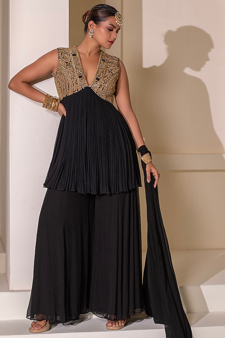 Black Georgette Flared Party Wear Sharara Set by Rasasvada at Pernia's Pop Up Shop