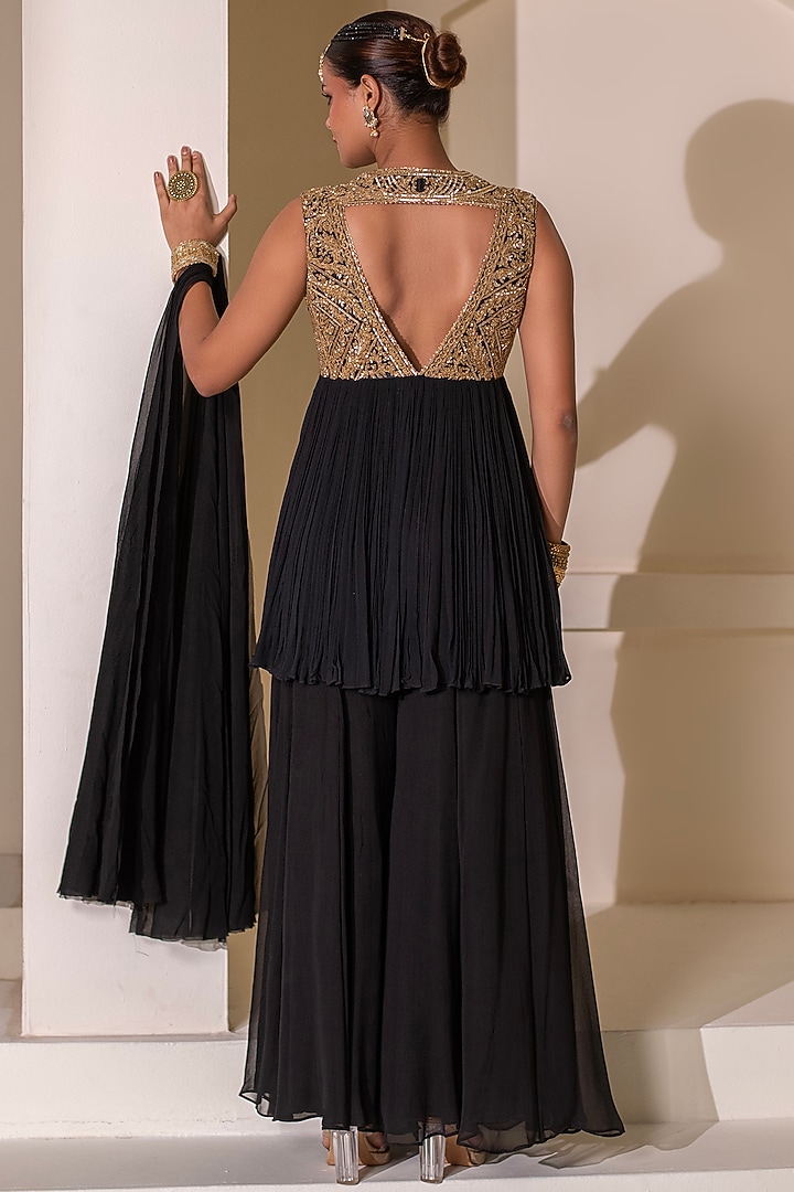 Black Georgette Flared Party Wear Sharara Set by Rasasvada at Pernia's Pop Up Shop