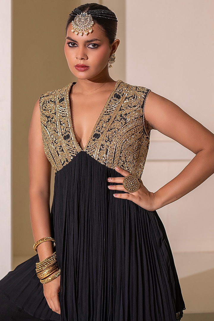 Black Georgette Flared Party Wear Sharara Set by Rasasvada at Pernia's Pop Up Shop