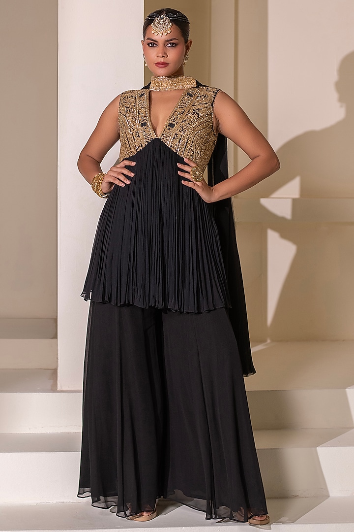 Black Georgette Flared Party Wear Sharara Set by Rasasvada at Pernia's Pop Up Shop