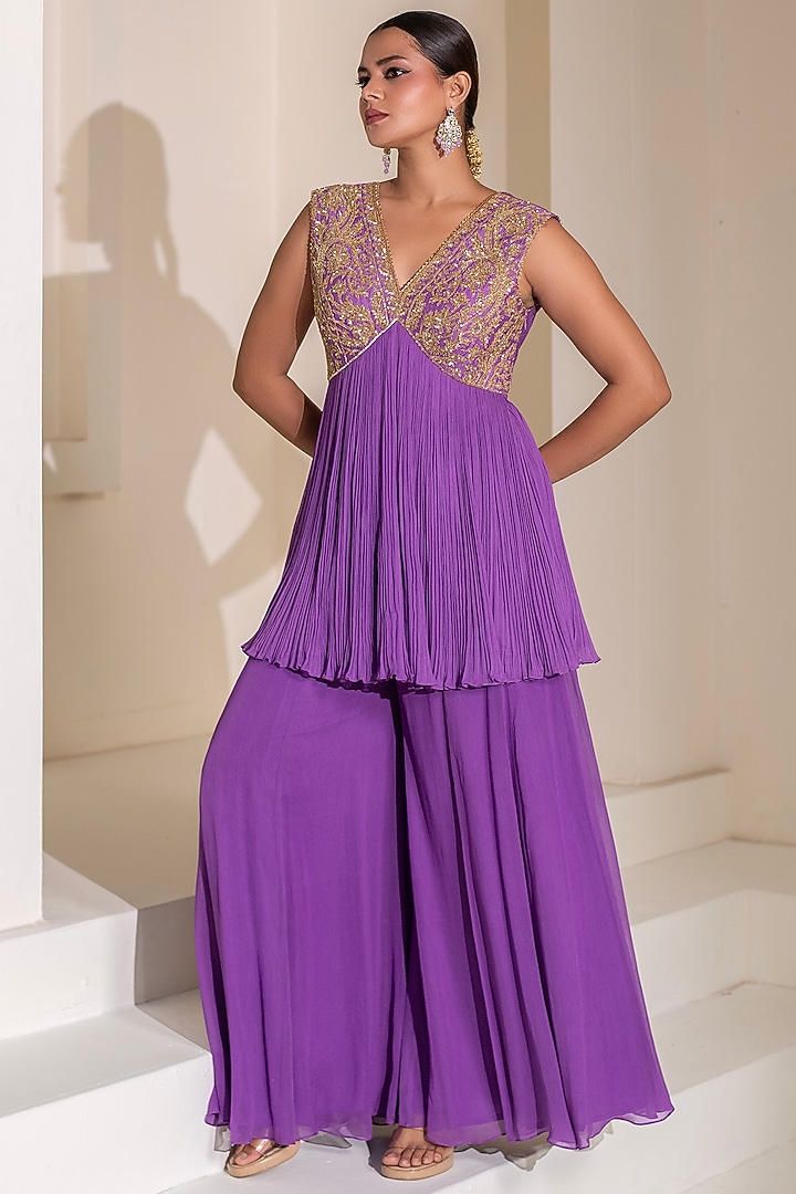Purple Georgette Flared Party Wear Sharara Set by Rasasvada at Pernia's Pop Up Shop